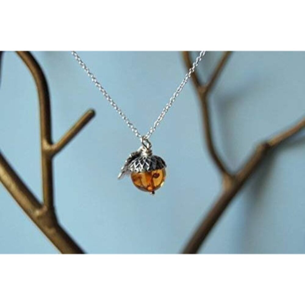 Orange and Silver Acorn Necklace - Fall Orange Acorn Pendant- Cute Nature Charm - Picture 8 of 9